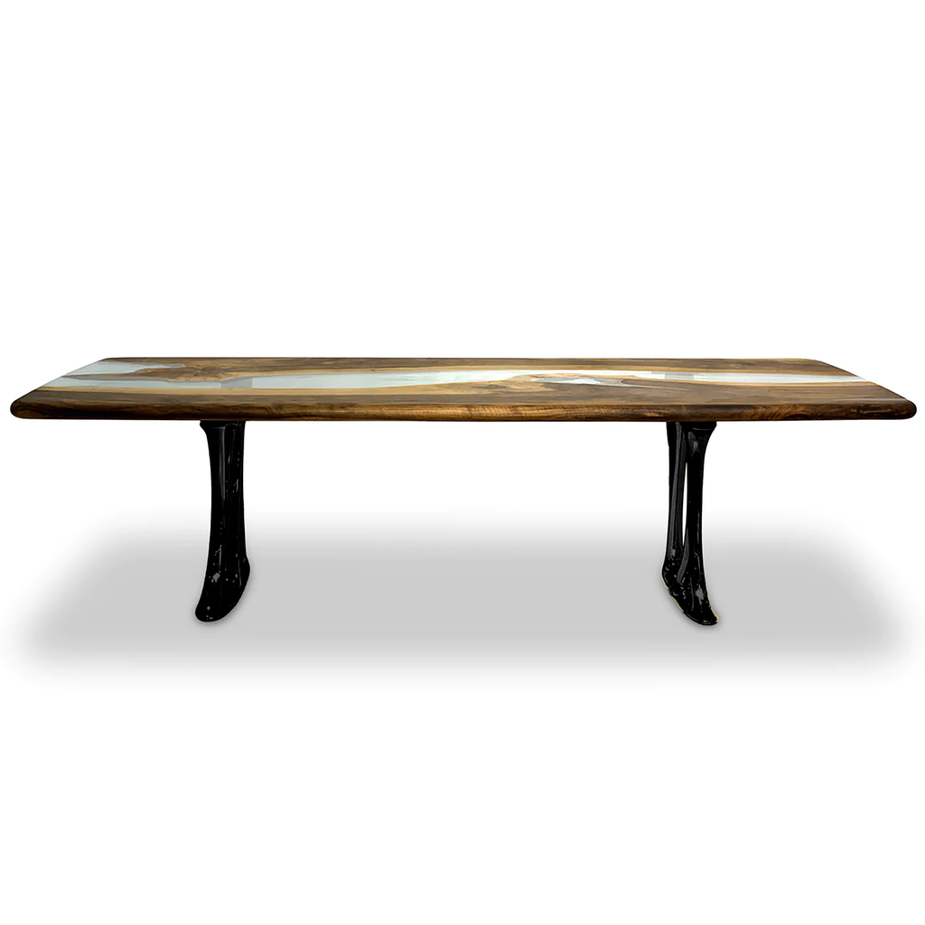 Aquamarine Pheraea Walnut dining table with streaked walnut wood top and black pedestal legs