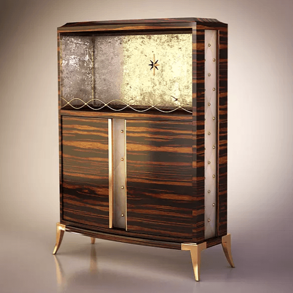 Pickard Bar Cabinet with Art Deco wooden design, mirrored doors, brass accents, starburst pattern