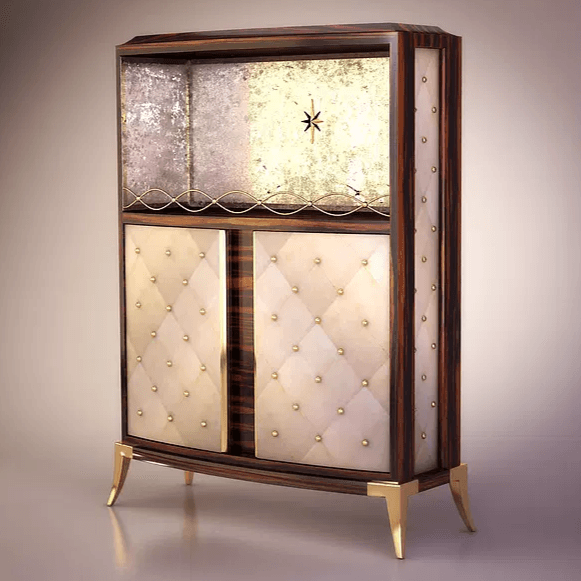 Luxurious Pickard Bar Cabinet with glass display, tufted doors, brass accents and legs