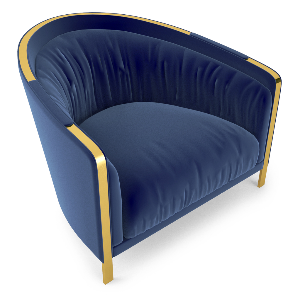 Dark blue velvet Porto Chair with curved back and gold metal trim for stylish comfort