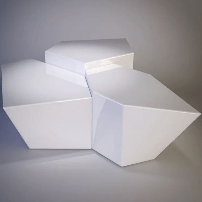 White interconnected hexagonal quarry cocktail table with varying heights for modern decor