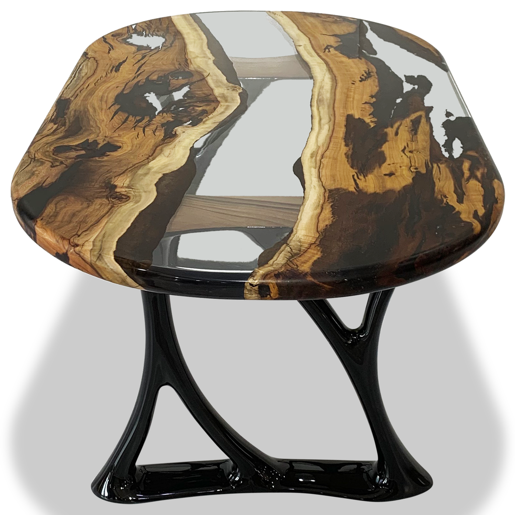 Pheraea Walnut Wood River Oval Dining Table with clear resin top and organic black base
