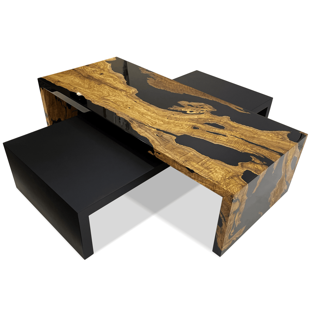 Rhesos Olive Wood Waterfall Coffee Table Set with live-edge wood and black resin top