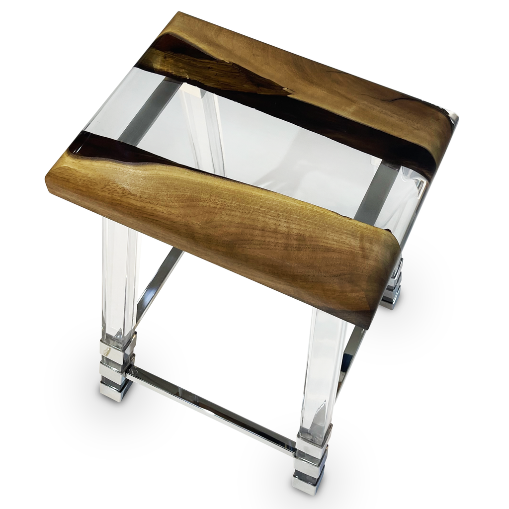 Rhytia Walnut Wood Counter Stool with clear acrylic and live-edge wood top