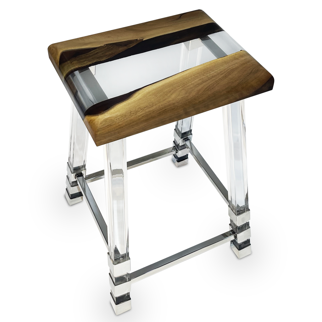 Rhytia Walnut Wood Counter Stool with clear acrylic and wooden rectangular top