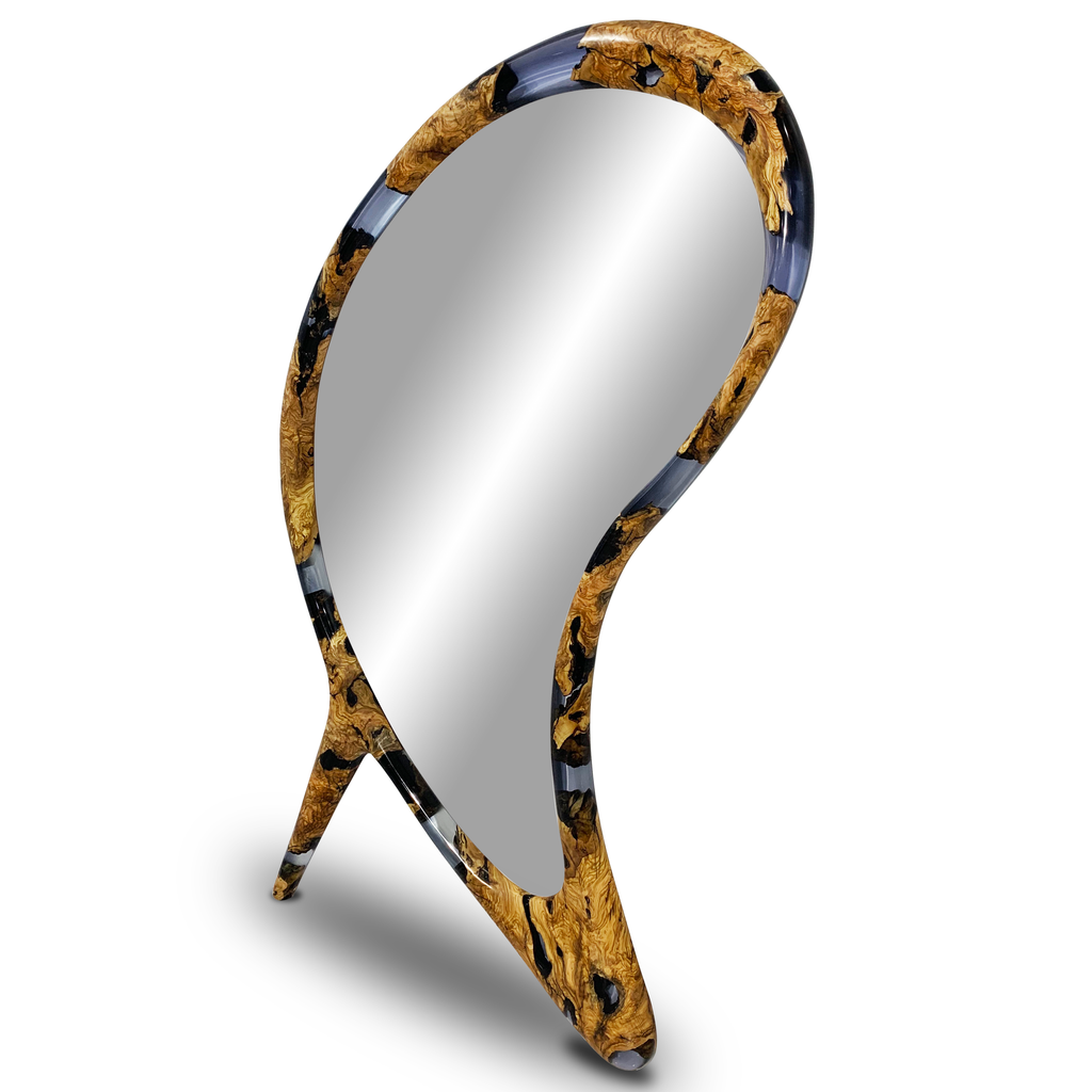 Rose Quartz Lotis Floor Mirror with irregular reflective surface and golden-brown wood frame