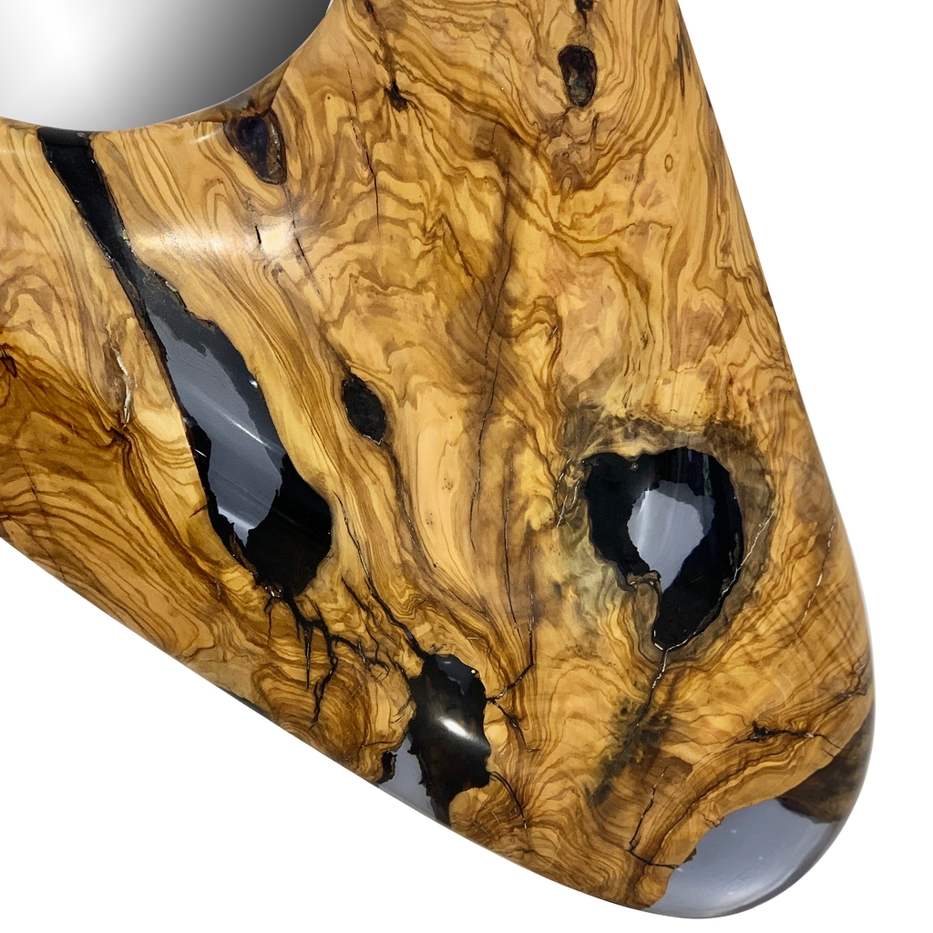 Sculpted light brown wood with dark resin-filled voids for Rose Quartz Lotis Floor Mirror