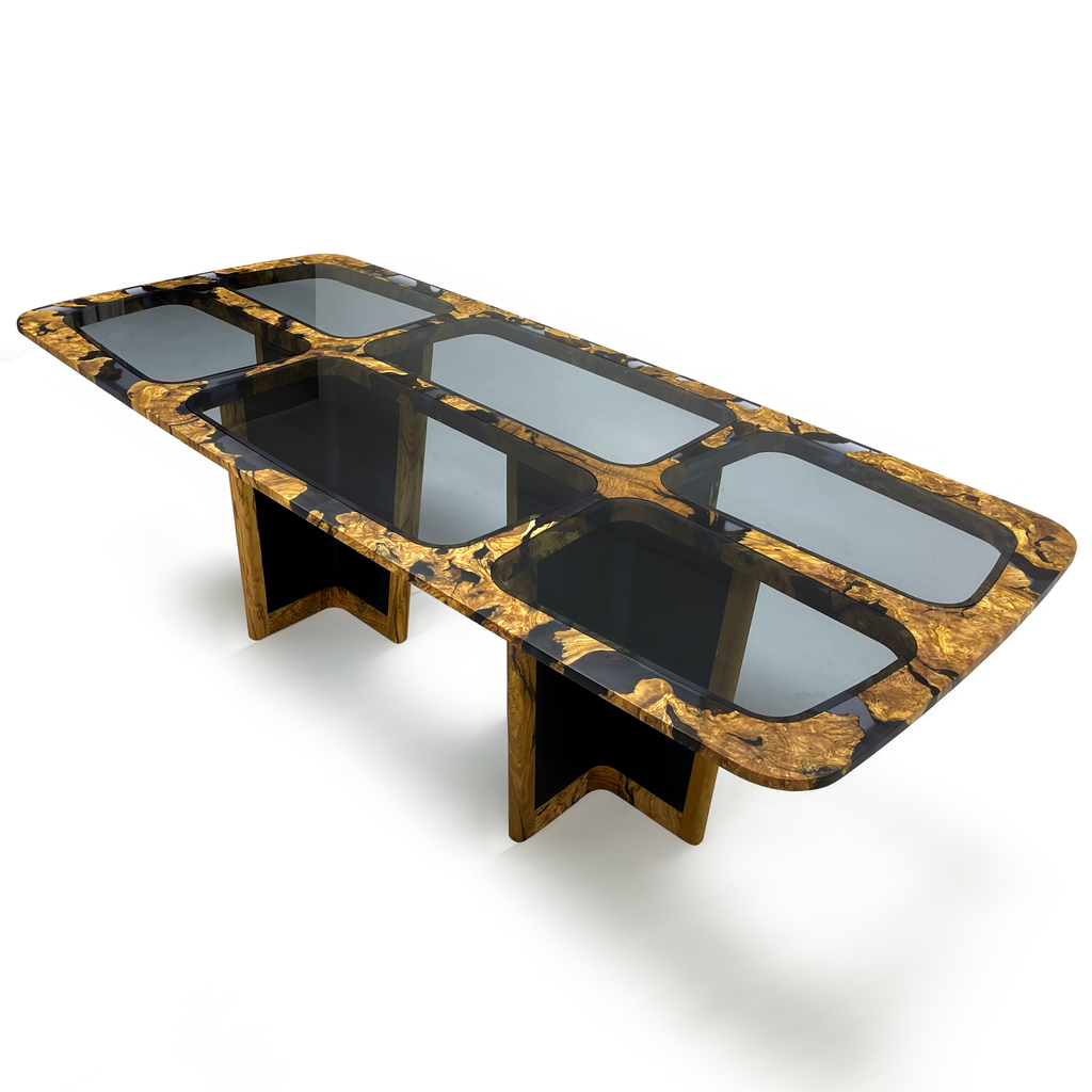 Salamis Dining Table with black and gold flaked epoxy resin top and smoked glass panels