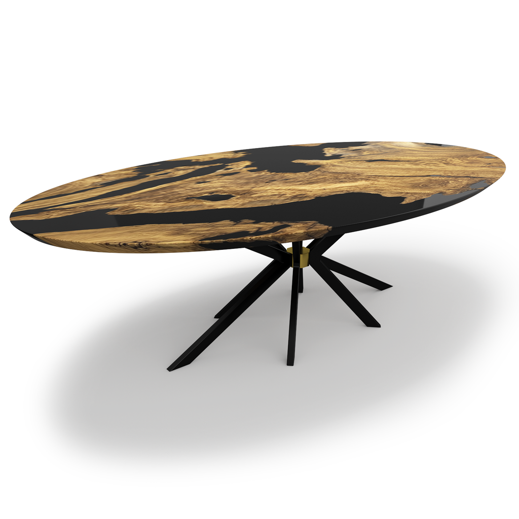 Salus Olive Wood Ellipse Dining Table with black resin top and gold accent base