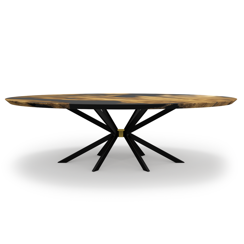 Salus Olive Wood Ellipse Dining Table with dark wood and resin top and starburst base