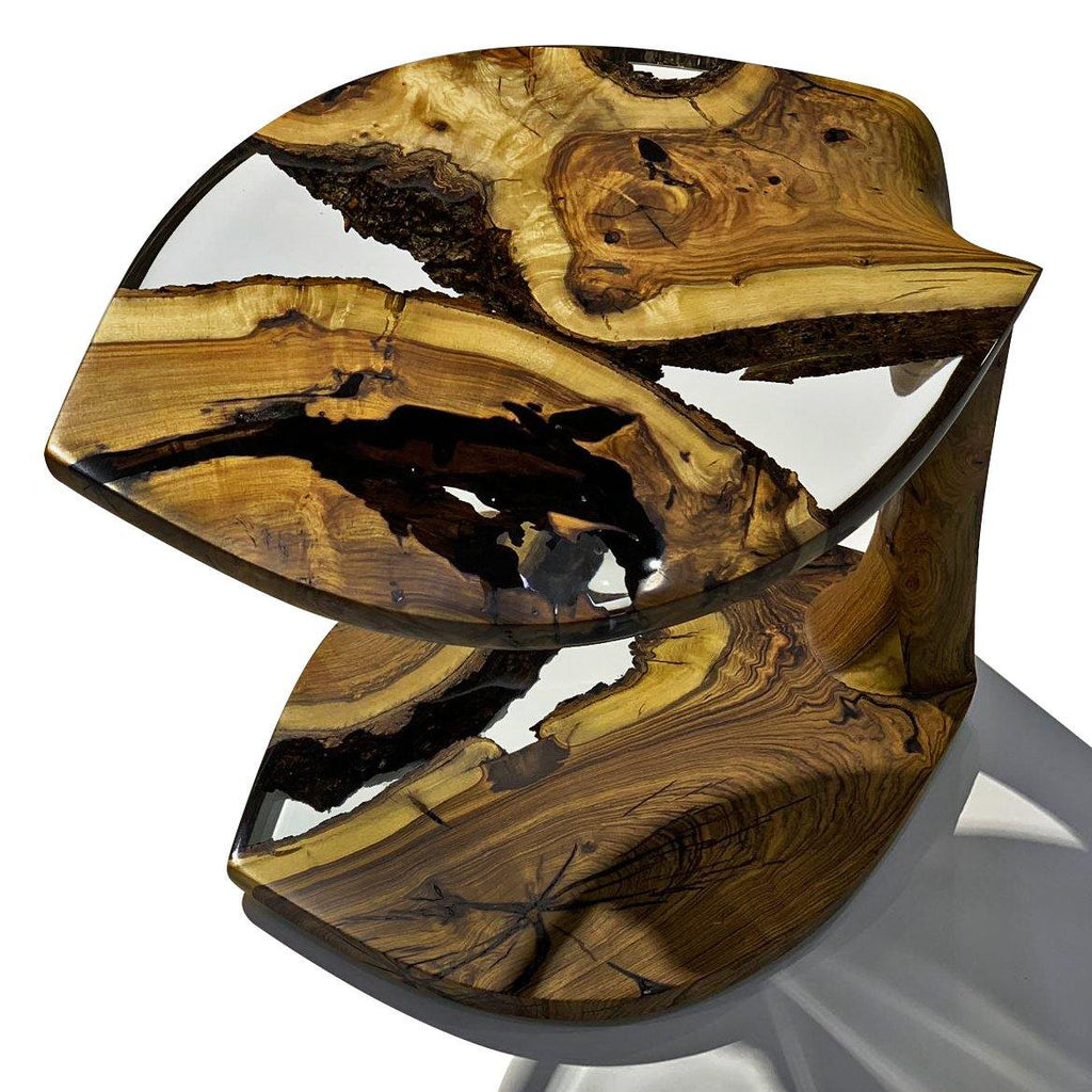 Serrate Leaf Side Table with two-tiered live-edge wood and clear resin, perfect for luxury furniture and high-end interior design