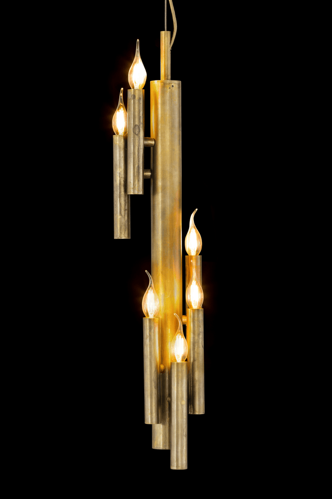 Gold-colored chandelier with candle-shaped lights from Shiro Suspension Vertical Lamp series