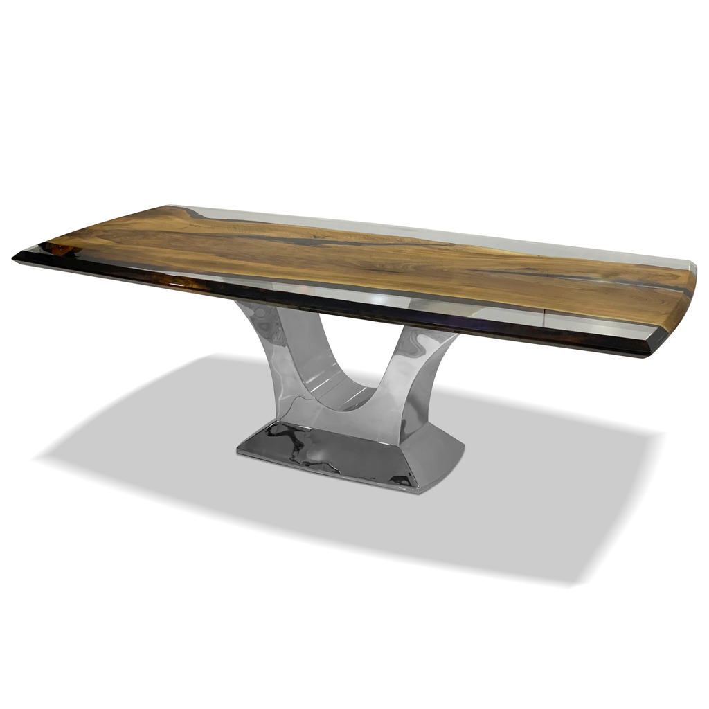 Signature Walnut Dining Table with natural wood and clear resin top and chrome base