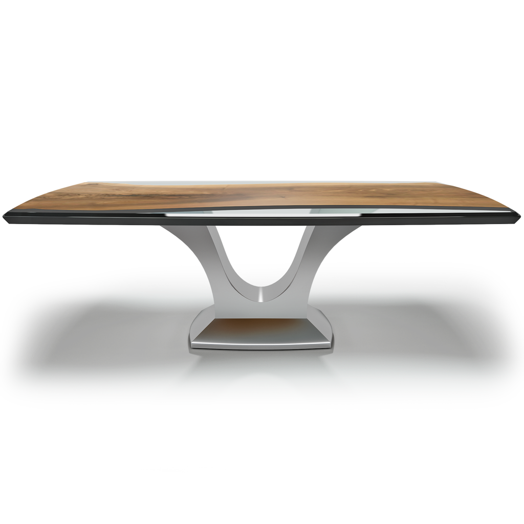 Signature Walnut Dining Table with light wood top, dark trim, and polished silver base