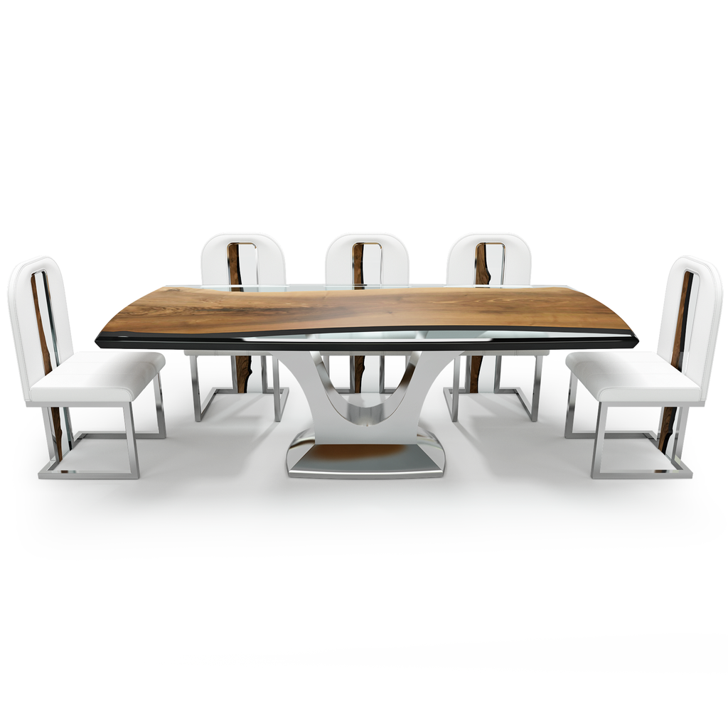 Modern Signature Walnut Dining Table with live-edge wood top and six white upholstered chairs