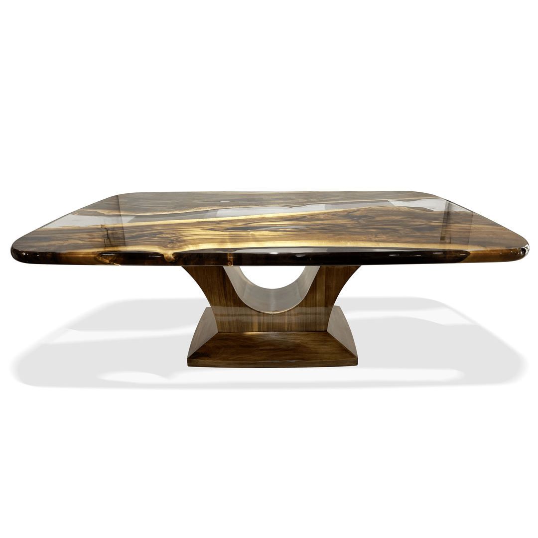 Signature Walnut Wood River Dining Table with dark brown and gold abstract patterned top