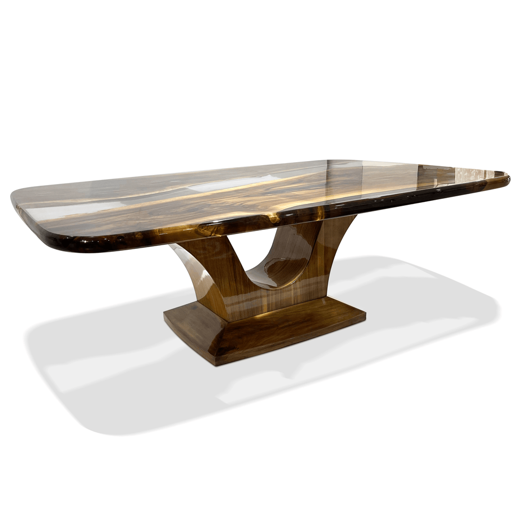 Signature Walnut Wood River Dining Table with glossy dark brown and gold patterned top