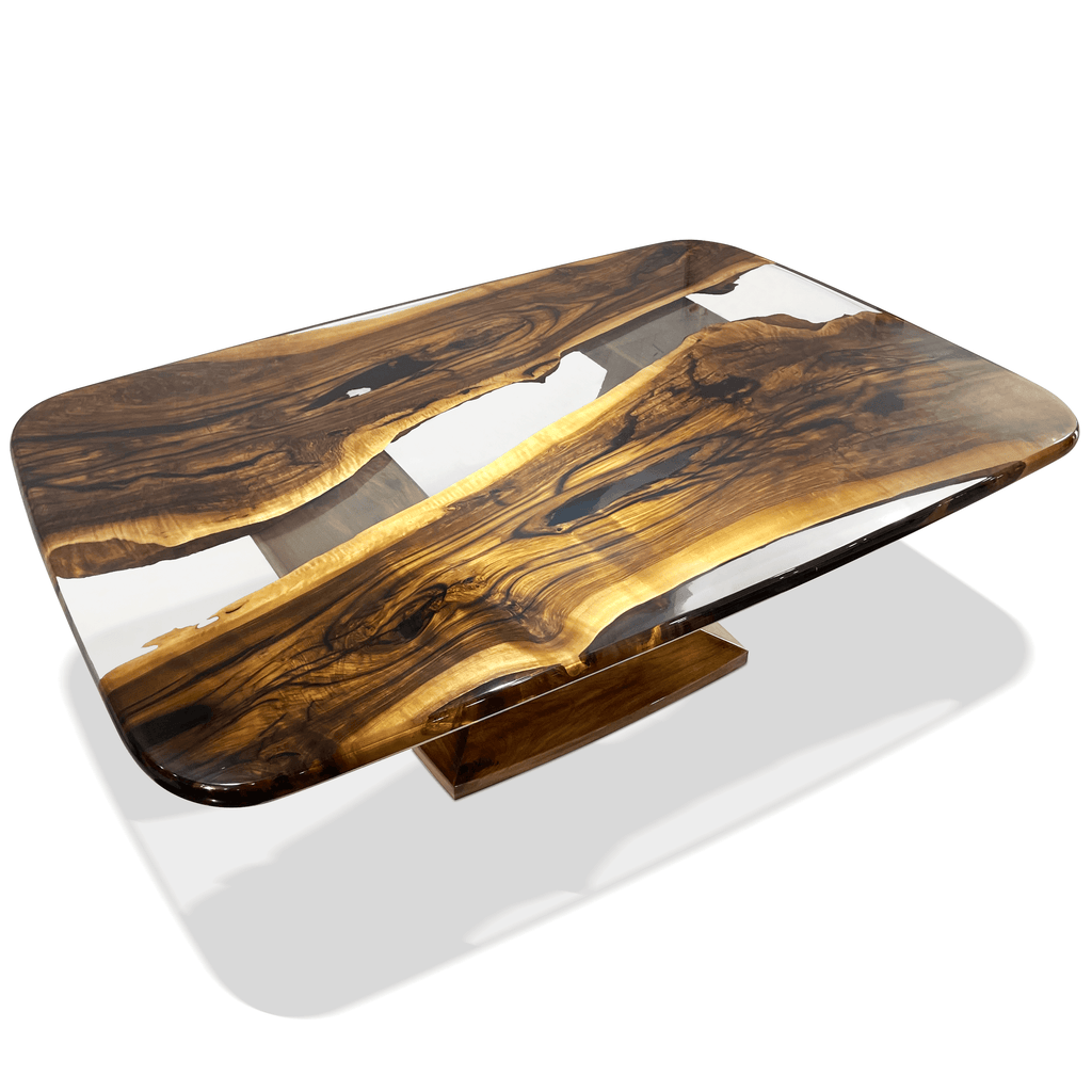 Signature Walnut Wood River Dining Table with clear resin top and live-edge walnut wood surface
