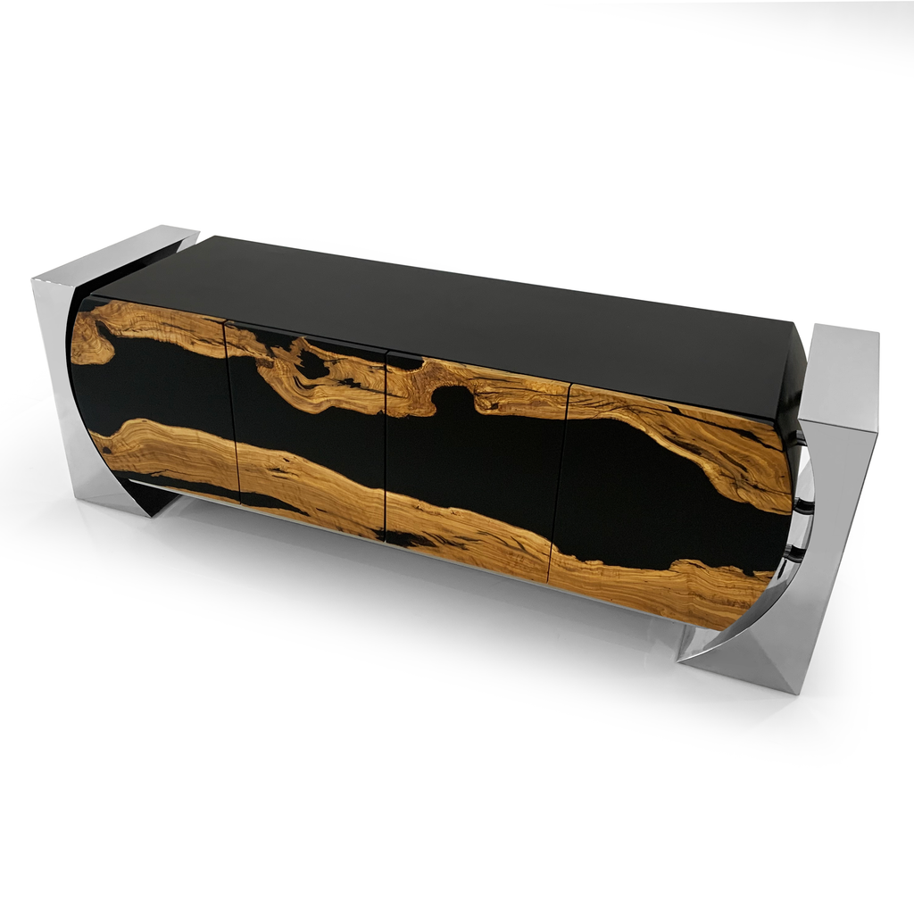 Modern Silver Loire Olive Wood Credenza with black top, curved front, and chrome supports