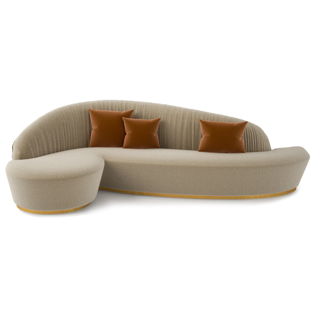 Sophia Sofa modern curved beige sectional with rust throw pillows and gold trim
