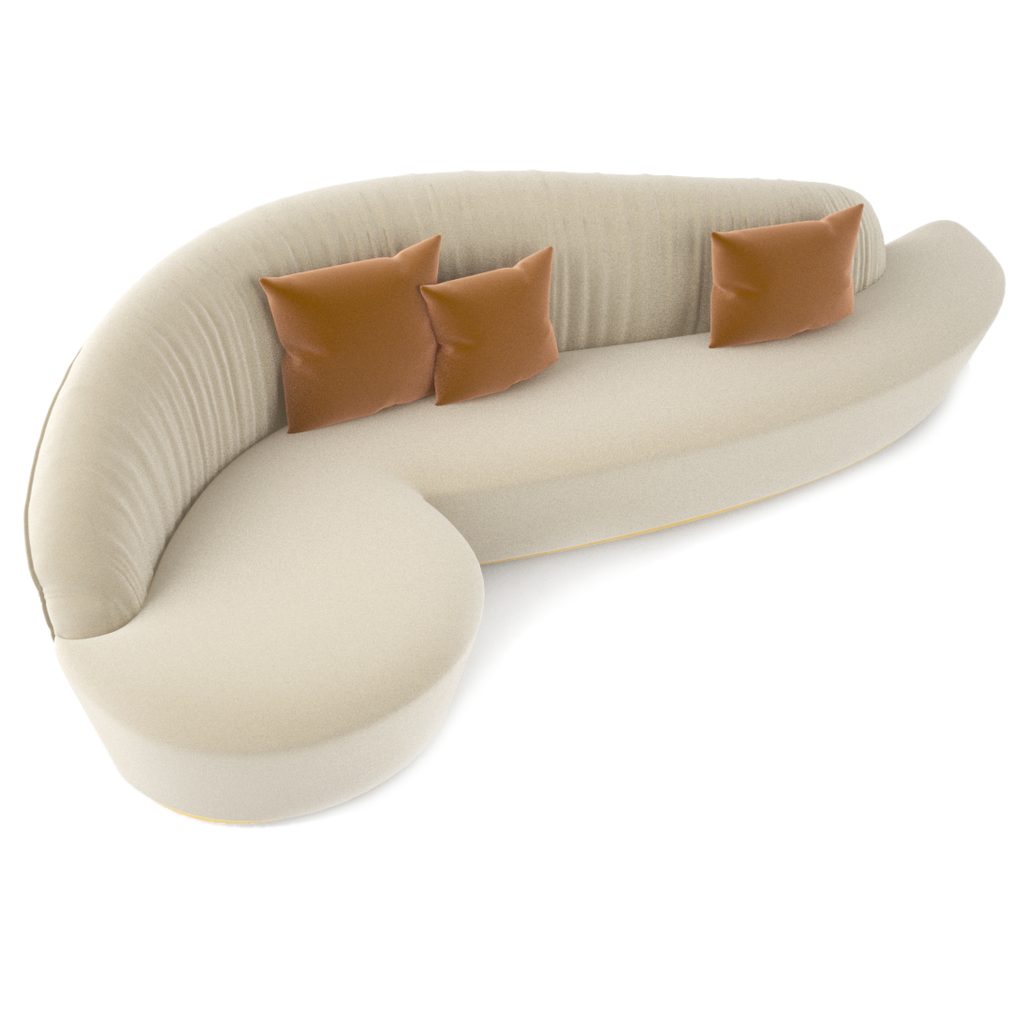 Sophia Sofa with curved off-white sectional design and four brown throw pillows