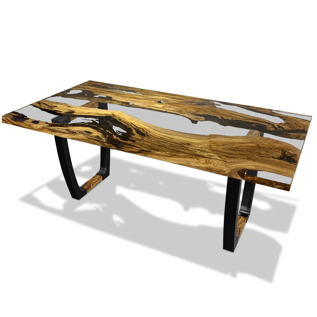Staphyle Olive Wood Dining Table with live edge wood, clear resin, and black metal legs