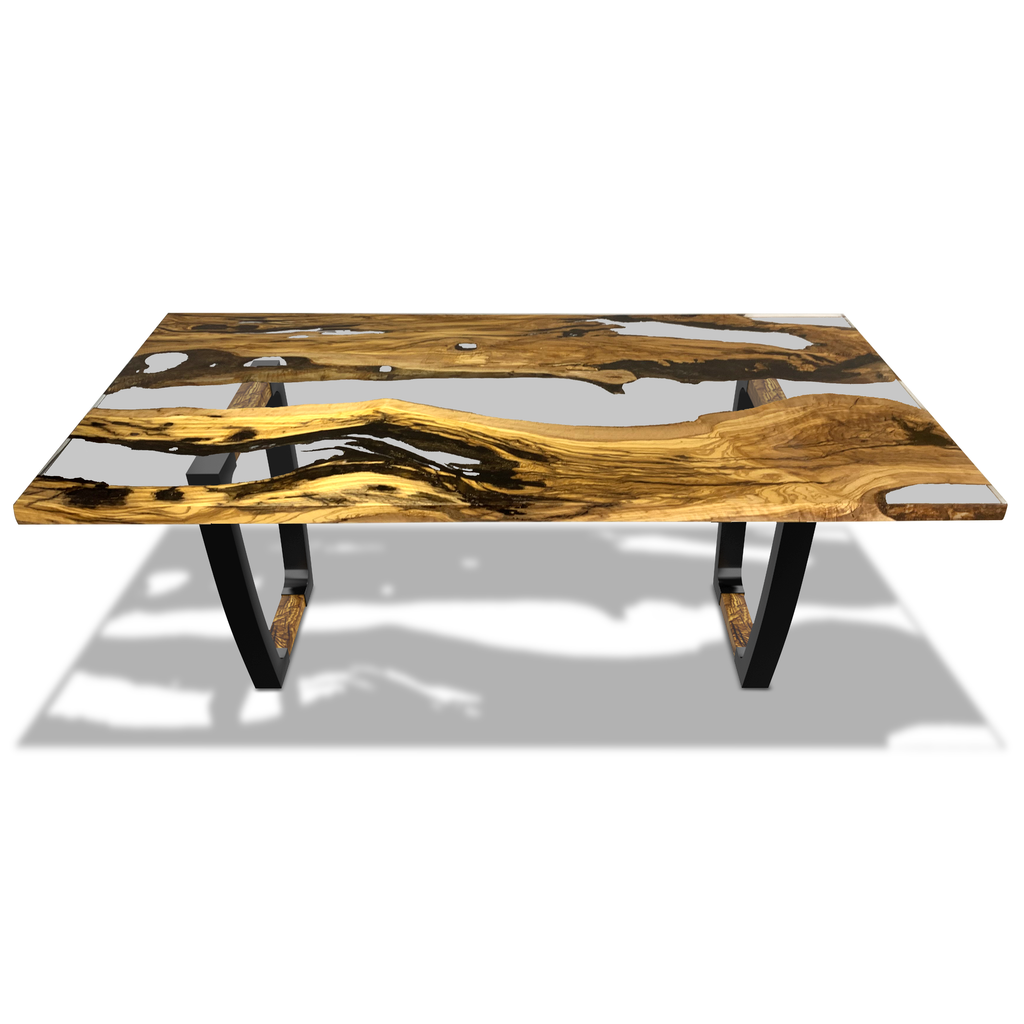 Staphyle Olive Wood Dining Table with live edge wood and black metal legs