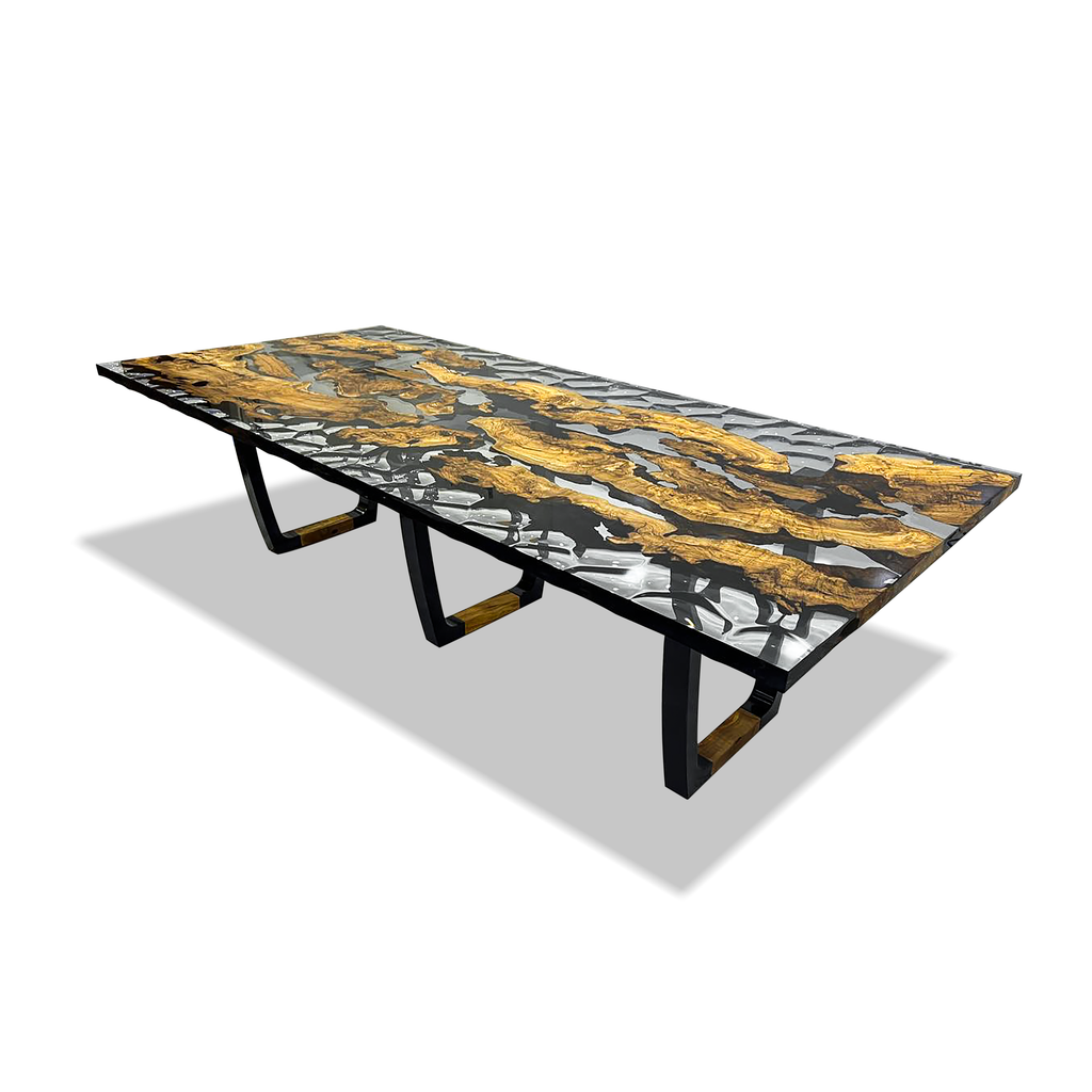 Staphyle Olive Wood Wavy Dining Table with black and white patterned top and golden accents