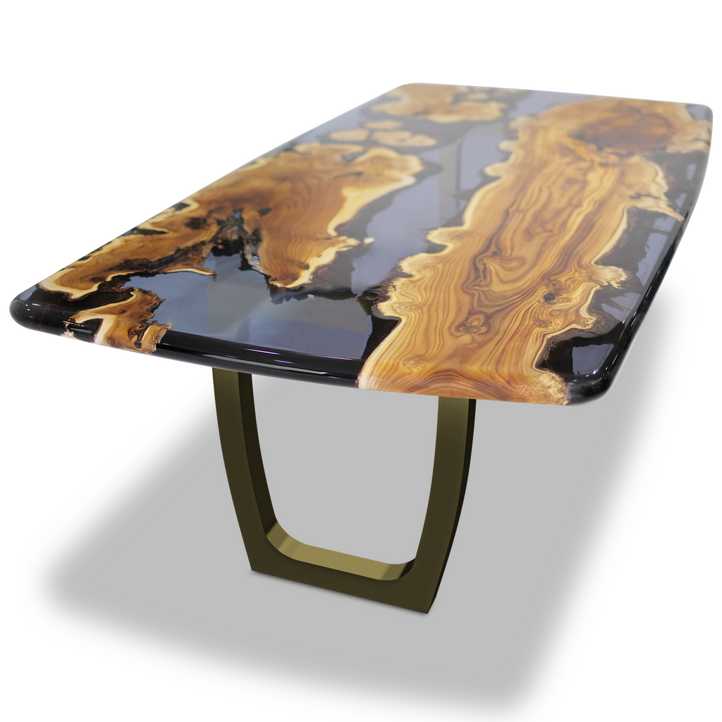 Staphyle Silverberry Wood Dining Table with resin top and bronze U-shaped base