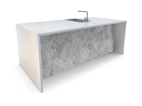 White Quartz Semi-Precious Stone Waterfall Kitchen Island