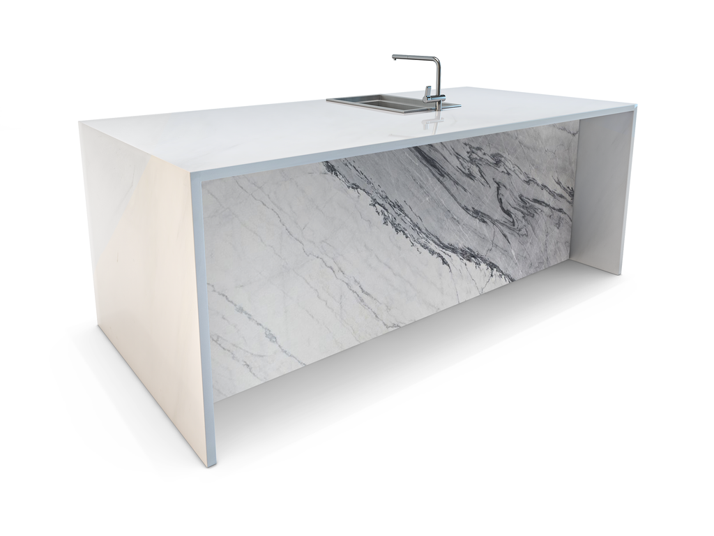 stone waterfall kitchen island, alaska white marble, polished edges, marble kitchen island, onyx kitchen island, resin kitchen island, semi-precious stone kitchen island, contemporary kitchen island, luxury kitchen island