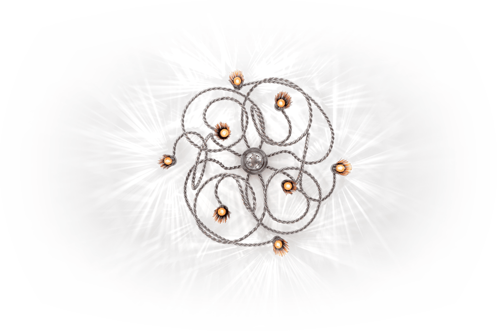 Sultans Of Swing Ceiling Lamp featuring ornate design, tangled silver chains, and warm bulbs