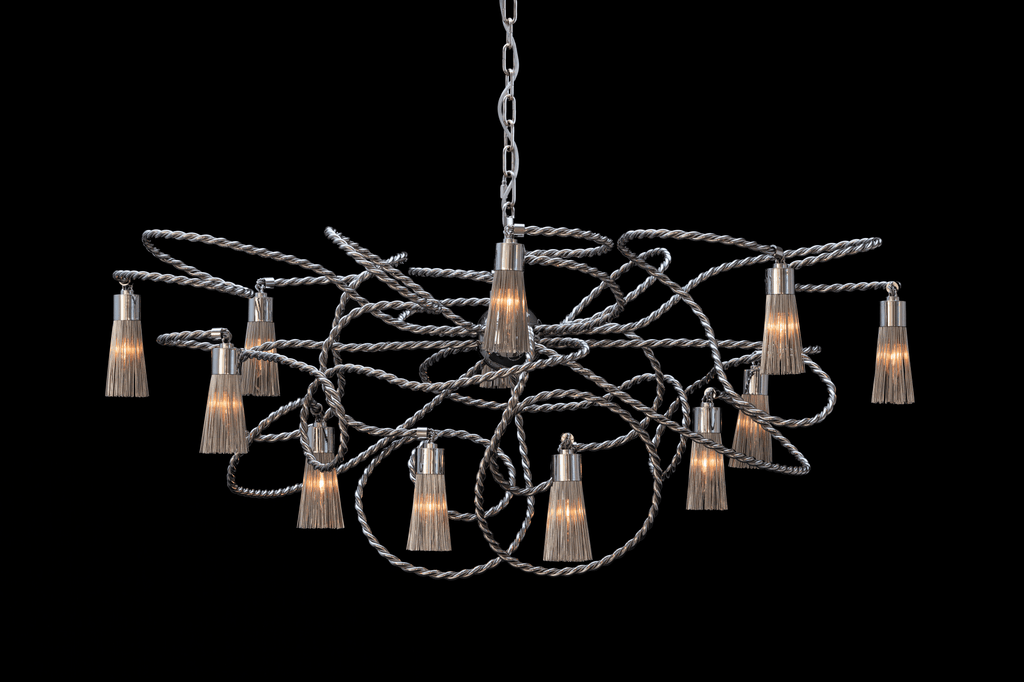 Modern Swing Chandelier Oval with tangled silver rope design and multiple cylindrical lights