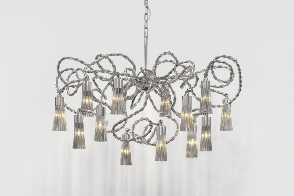 Chrome Sultans Of Swing Chandelier Round with tangled sculptural frame and frosted tassel lights