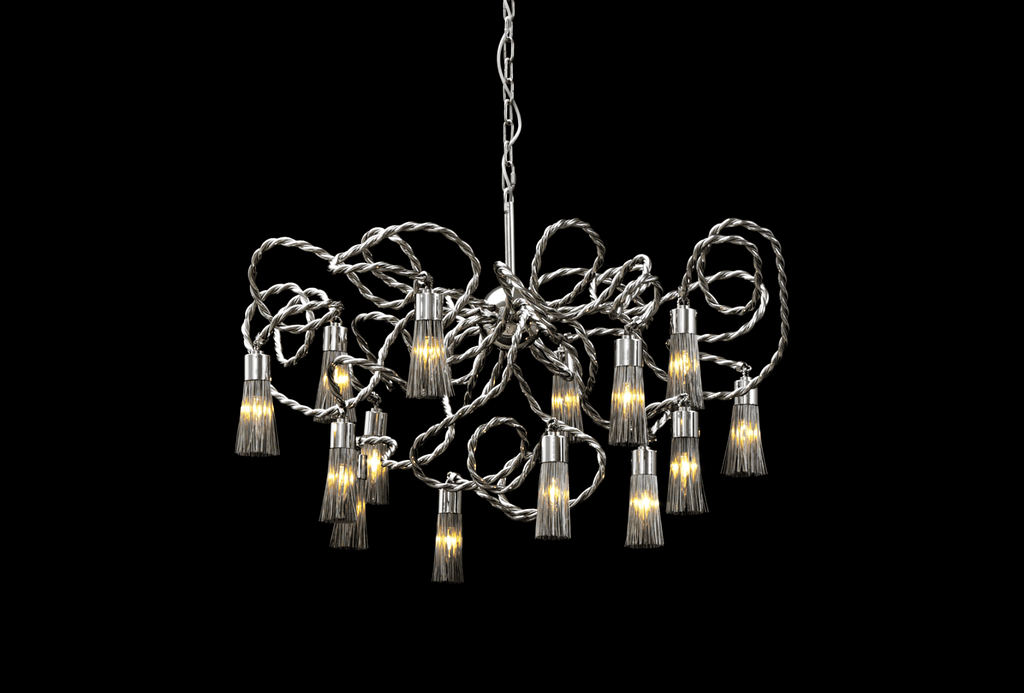 Modern swing chandelier round with tangled silver arms and illuminated cylindrical lights
