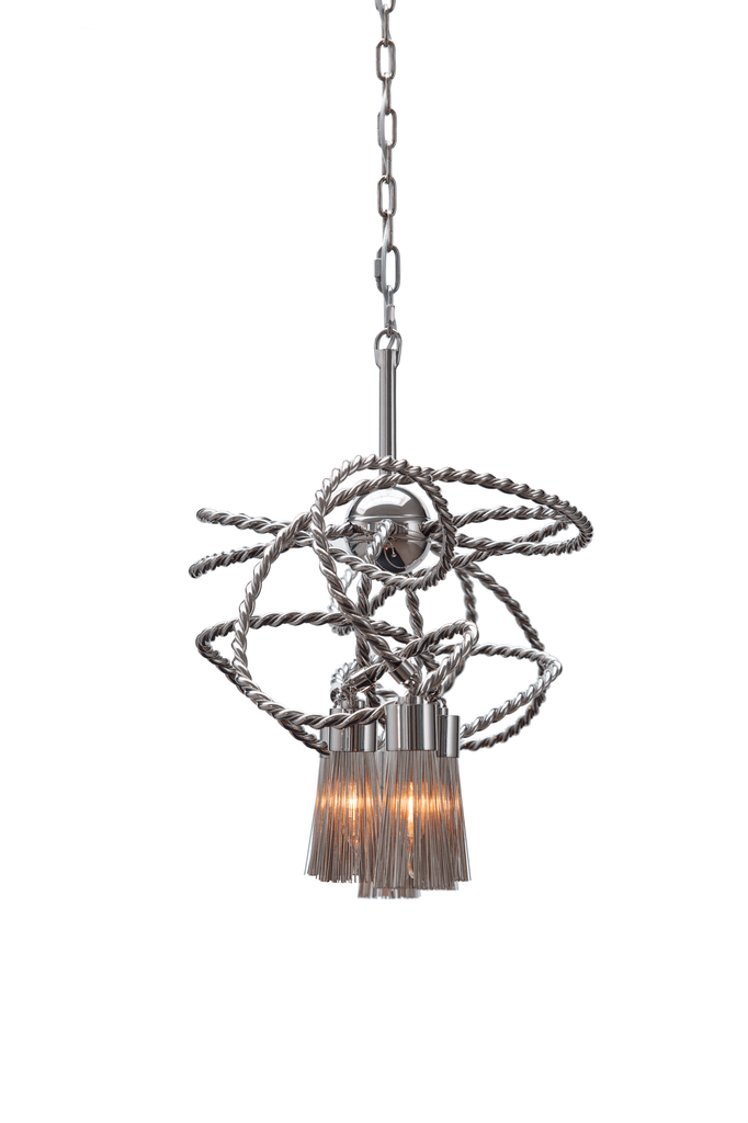 Silver metal chandelier with twisted rope design and tassel-like lights, perfect as a swing hanging lamp