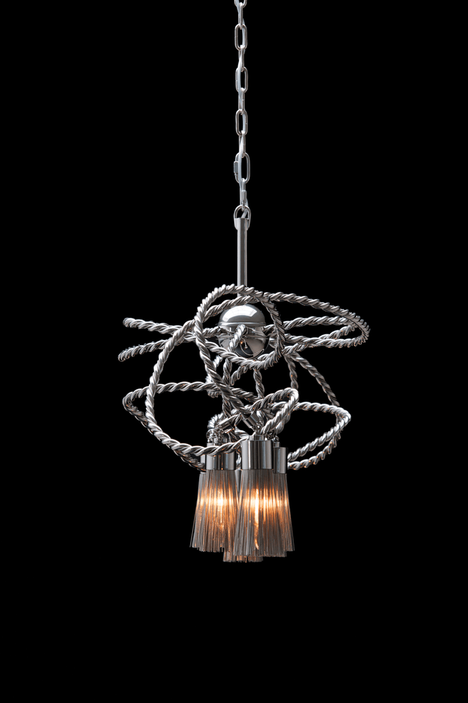 Silver Sultans Of Swing Hanging Lamp with twisted rope design and three glass shades
