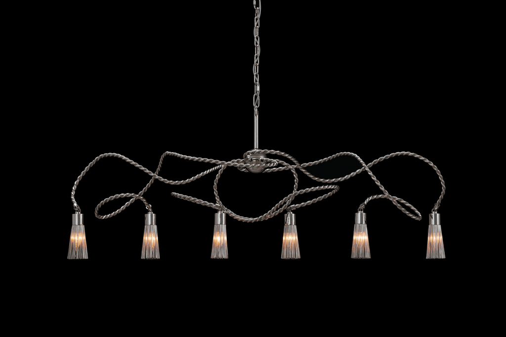 Contemporary silver chandelier with six clear fluted glass shades swing hanging lamp