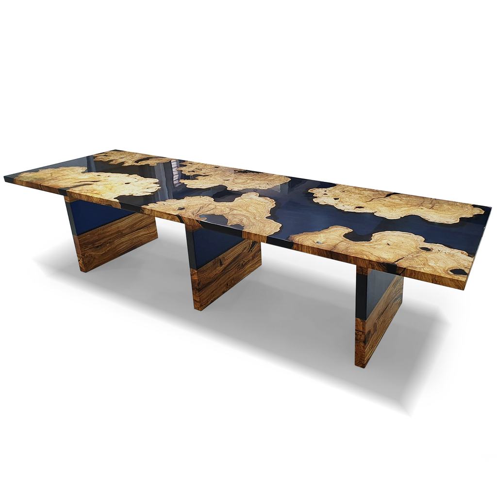 Navy Blue Thyria Olive Wood Dining Table with live edge epoxy resin river design