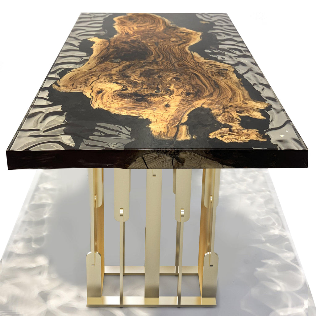 Arion Olive Wood Dining Table with live-edge olive wood and black resin river design