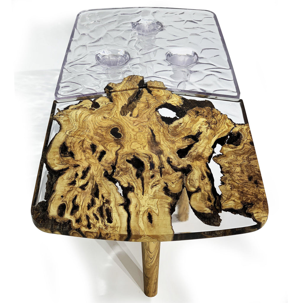 Tyro Olive Wood Wavy Coffee Table with natural wood and clear resin base and textured glass top