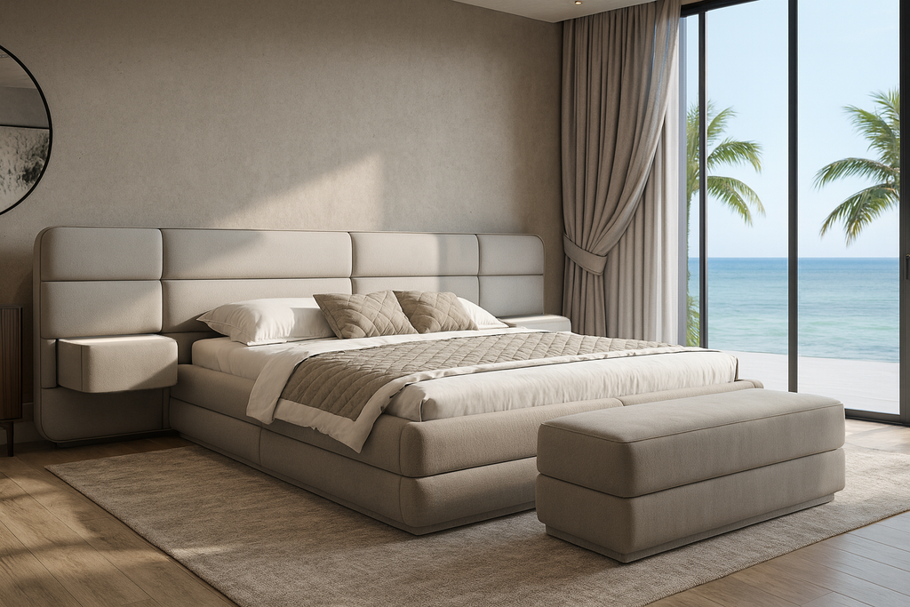 Velastra Bed with contemporary upholstered design, paneled headboard, and floating nightstands