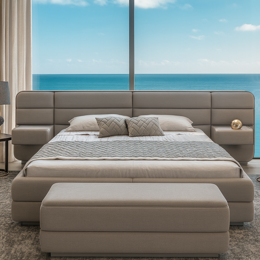 Modern light gray upholstery material Velastra Bed with integrated headboard and bench