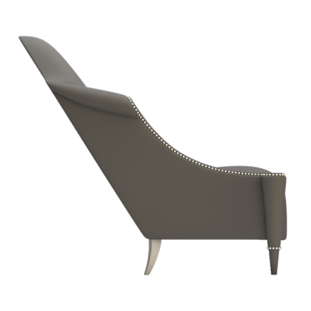 Dark gray upholstered Venton Lounge Chair with nailhead trim and light front legs