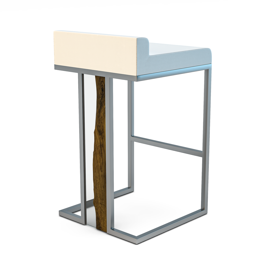 Verona Counter Bar Stool with light top, silver frame, and natural wood slab design