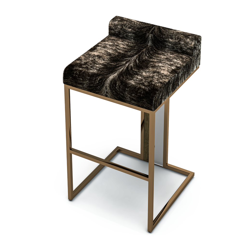Verona Counter Bar Stool with dark brindle cowhide upholstery and bronze frame