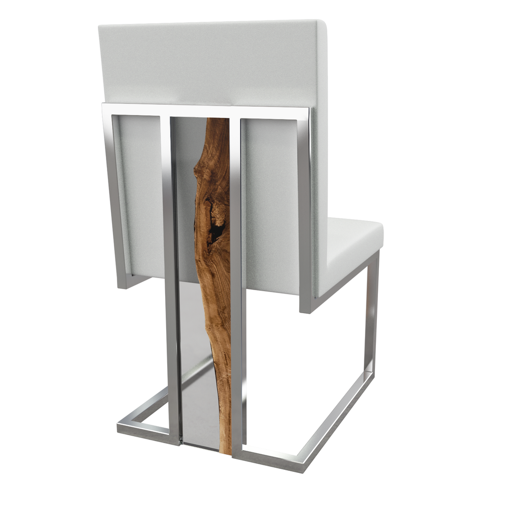 Modern Verona Dining Chair with white upholstery, metal frame, and natural wood detail