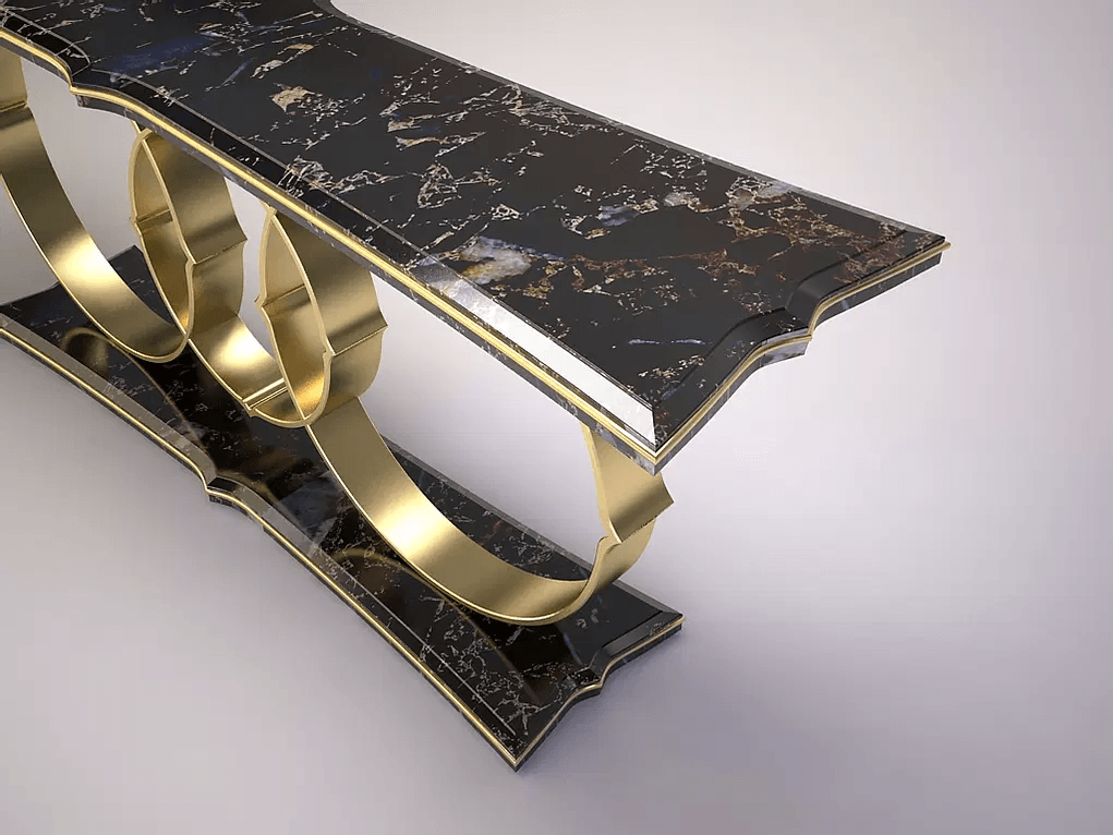 Viceroy Console with black marble top and base, golden curved metallic legs