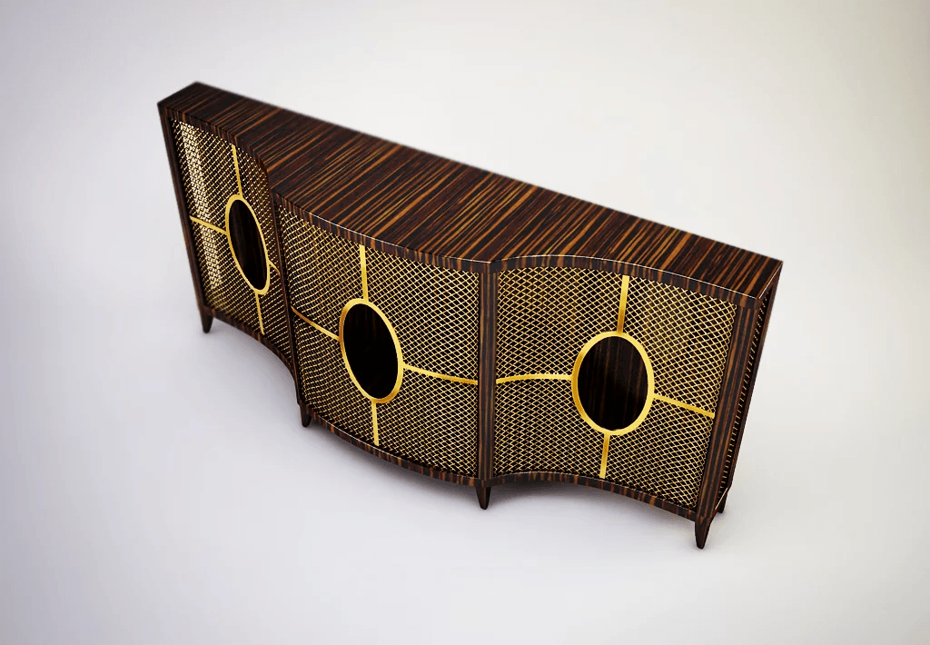 Victor Console curved wooden cabinet with golden oval accents and perforated mesh doors