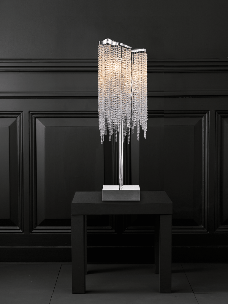 Victoria Table Lamp with crystal-like chains and chrome base for elegant lighting
